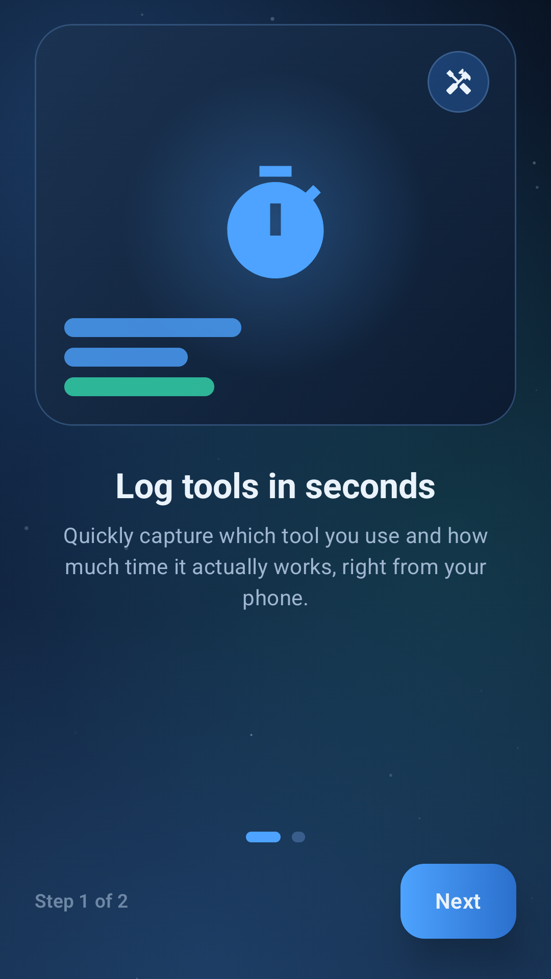 ToolCaddy onboarding screen